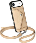 LUCKYCOIN Crossbody Wallet Phone Case for iPhone Air,100% Genuine Leather Wallet Phone Case with Expandable Flip Card Holder,Phone Purse for Women with Adjustable Removable Strap - Pebble Beige
