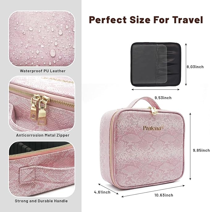 Portable Travel Cosmetic Bag with LED, 3-color Adjustable Cosmetic Organizer, Women's Cosmetic Case, Mirror Makeup Bag Case Rechargeable (Pink)