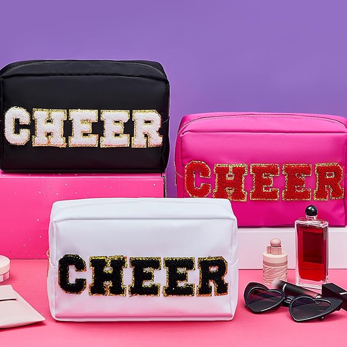 6 Pcs Cheer Makeup Bag Cosmetic Bag with Chenille Letter Patches Waterproof Portable Cheerleader Toiletry Zipper Pouch for Girl Women Appreciation (Bright Colors)