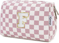 Narwey Birthday Gifts for Teen Girls Kids Women Personalized Initial Checkered Makeup Bag Pink Monogram Cosmetic Bag Trendy Stuff 6 8 10 11 12 13 14 16 18 Years Old Travel Toiletry Bag (Dusty Rose F)