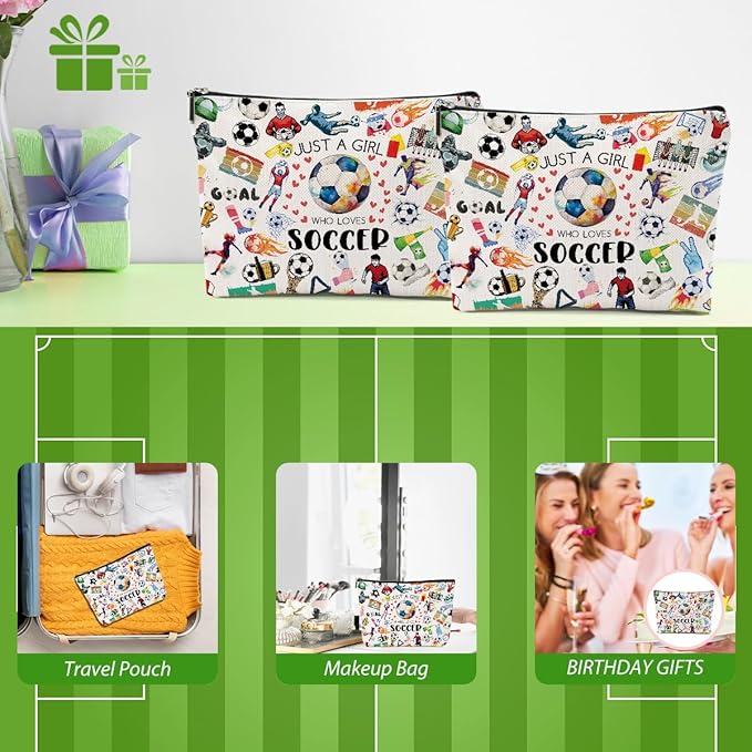 2pcs Soccer Makeup Bags for Women, Canvas Soccer Gifts Cosmetic Bag Pouch Accessories for Players Teams Stuff, Sport Team Birthday Gifts for Soccer Lovers Her Friends Women