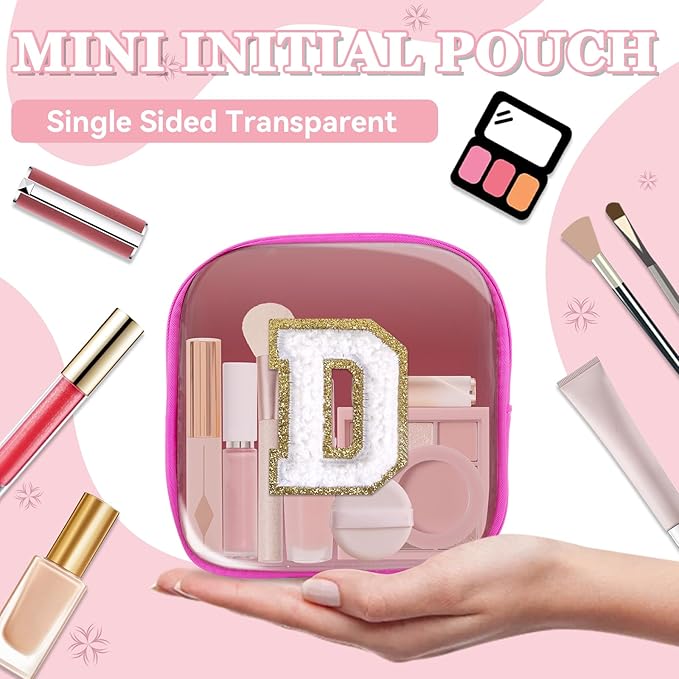 Mini Clear Personalized Initial Makeup Bag,Nylon Preppy A-Z Chenille Letter Patch Zipper Cosmetic Bag, Small Cute Beach Pouch Travel Purse Sanitary Napkin Storage Bag for Women Girls(Hot Pink-White D)