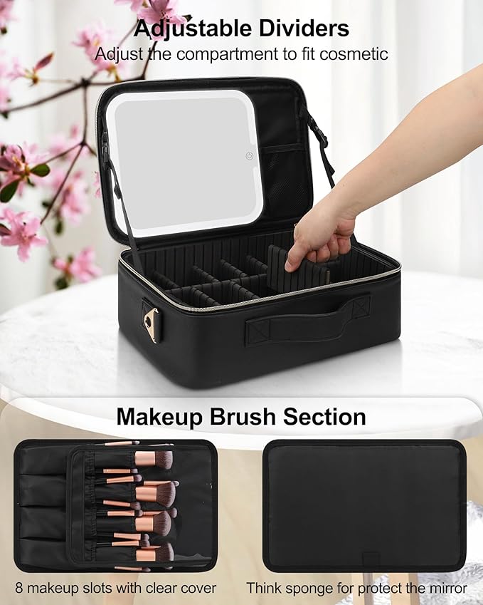 Relavel Makeup Train Case With LED Mirror, Professional Travel Cosmetic Bag with Removable Partitions, Compact Makeup Organizer with Separate Brush Board, Waterproof Travel Case for Women, Black