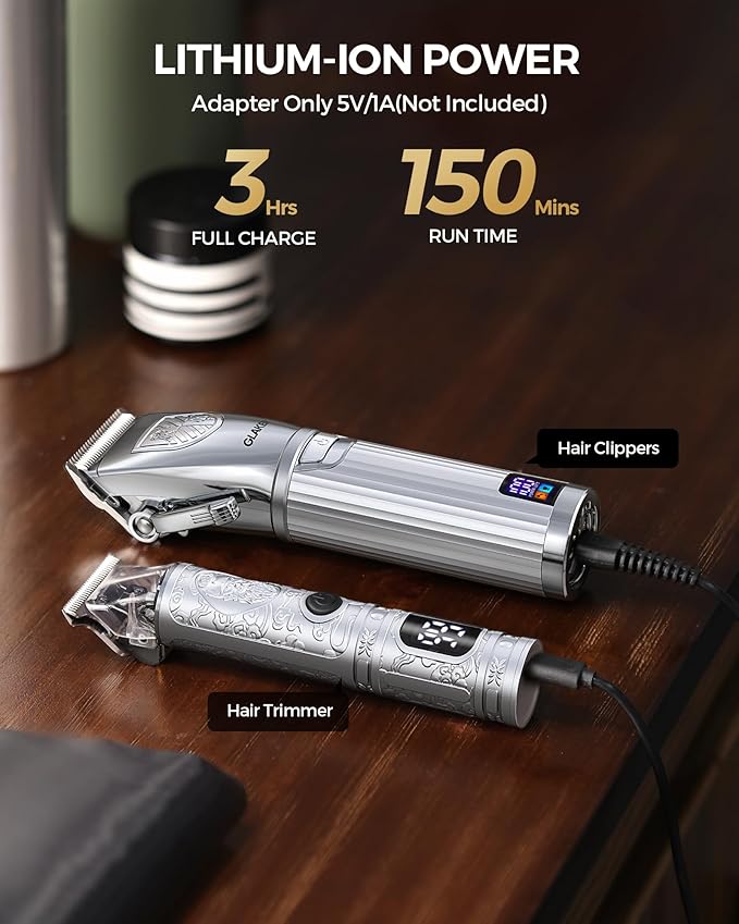 GLAKER Hair Clippers for Men,Professional Mens Hair Clippers Cordless Clippers for Hair Cutting,Precision Trimmer Kit Zero Gap Trimmer with LED Display 15 Guide Combs (Silver)