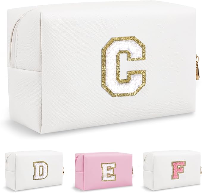 Personalized Initial Preppy Makeup Bag, Small Cute White Toiletry Pouch Monogram Cosmetic Travel Organizer with Zipper, PU Waterproof Glitter Make Up Bags Storage Gift for Women Coworker(Letter C)