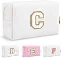 Personalized Initial Preppy Makeup Bag, Small Cute White Toiletry Pouch Monogram Cosmetic Travel Organizer with Zipper, PU Waterproof Glitter Make Up Bags Storage Gift for Women Coworker(Letter C)