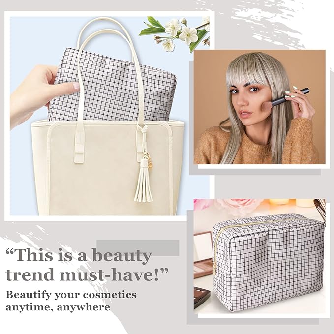 Nylon Large Checkered Makeup Bag Travel Pouch for Women, Big Preppy Makeup Bag Cute Cosmetic Zipper Pouch Purse,Waterproof Toiletry Bag Clutch Makeup Brush Organizer Pouch for Ladies Girls(Checkered)