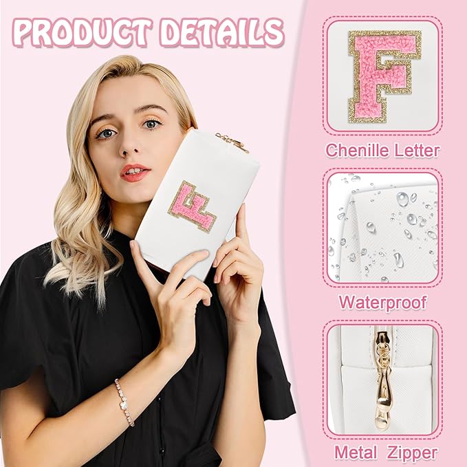 Small Initial Preppy Makeup Bag, Personalized Travel Cosmetic Organizer Chenille Letter White Toiletry Zipper Pouch, Portable Waterproof Makeup Case Gifts for Friends Female Friendship(Letter F)