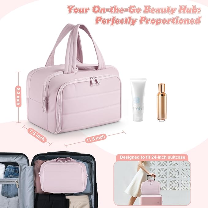 Travel Toiletry Bag:  Large Capacity, 4 Compartments, Wet/Dry Separation, Ultra-Soft Lightweight Fabric & Anti-Spill Design for Travel,Gym,Gift(11.8" L) (Soft Pink)