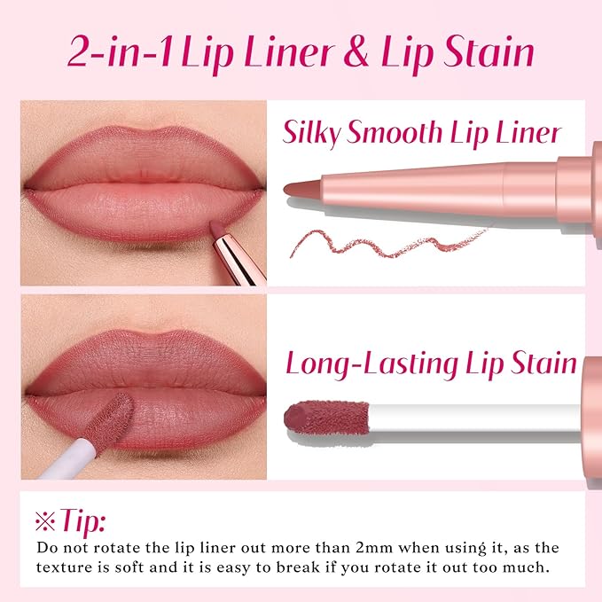 bayfree 2 PCS Lip Liner and Lip Stain Combo Set, High Pigmented Long Lasting Velvet Lip Tint, Well-Defined Lipliner, Weightless Waterproof Not Animal Tested, Matte Finish Makeup