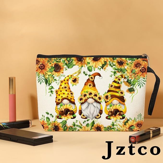 Jztco Cute Gnomes Makeup Bag Sunflower Gifts Gnome Gifts for Women Female Her Mom Wife Best Friend Daughter Aunt Niece Toiletry Bag Mothers Day Graduation Birthday Gifts Summer Floral Cosmetic Bag