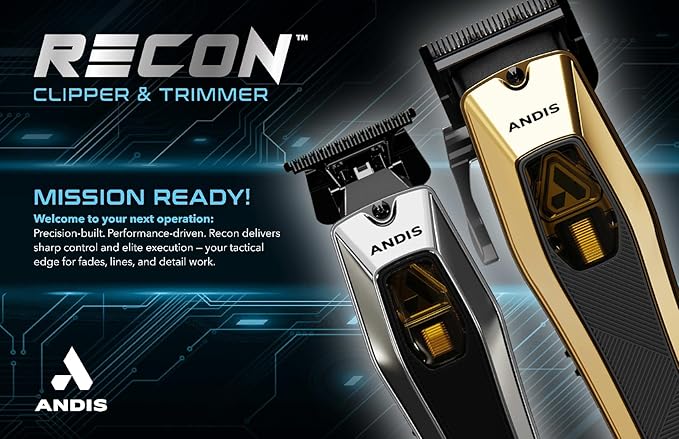 Andis 562446 Recon Professional Barber Hair Clipper, Adjustable-Fixed Phaze Blade, Includes OG Comb Set, Lithium Ion 4-Hour Run Time, Interchangeable Covers, Black/Gold