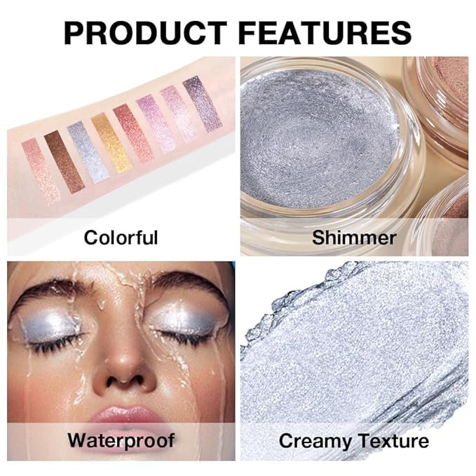 Cream Glitter Grey Blue Shimmer Metallic Eyeshadow Palette Makeup, Natural Single Mini Instant Holographic Eyeshadow For Women, Sombras Crema Para Ojos, Talc, Paraben & Cruelty Free