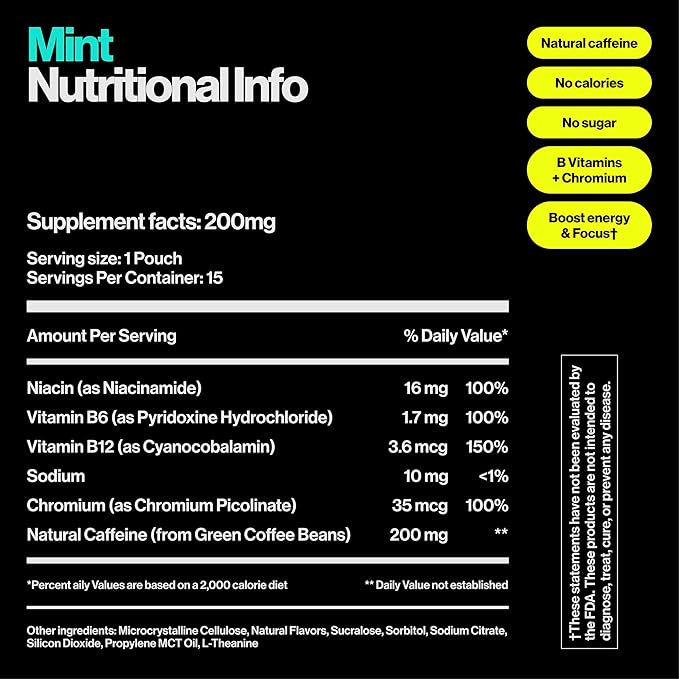 Wip Energy Pouches | 200mg Natural Caffeine | Vitamins and Minerals | Mint | 15 Pouches Per Can | 3 Cans