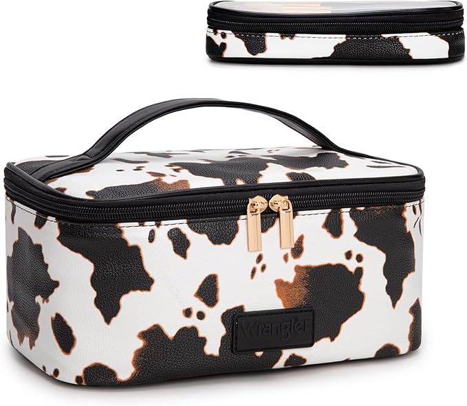 Montana West X Wrangler Travel Makeup Bag 2pcs Set Large Cosmetic Bag with Makeup Brush Holder Portable Make Up Organizer Cute Toiletry Bag with Divider and Handle for Women Cow Black