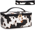 Montana West X Wrangler Travel Makeup Bag 2pcs Set Large Cosmetic Bag with Makeup Brush Holder Portable Make Up Organizer Cute Toiletry Bag with Divider and Handle for Women Cow Black