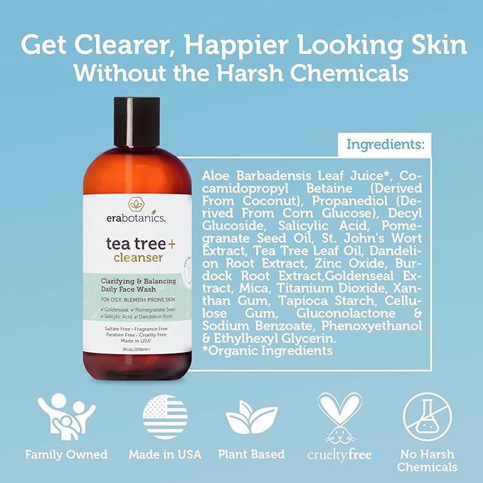 Era Organics Purifying Tea Tree Oil Face Wash - Balancing Cleanser for Oily, Blemish-Prone Skin with Salicylic Acid - Sulfate-Free, Fragrance Free, Made in USA