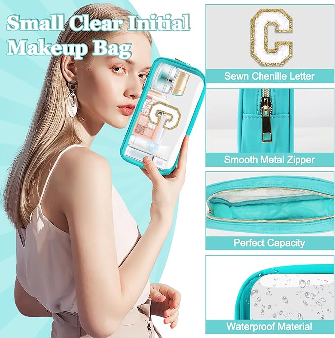 Small Clear Personalized Initial Makeup Bag,Nylon Preppy A-Z Chenille Letter Patch Cosmetic Pouch Beach Toiletry Bag,Waterproof Zipper Travel Purse Storage Bag Organizer for Women Girls(Cyan-White C)