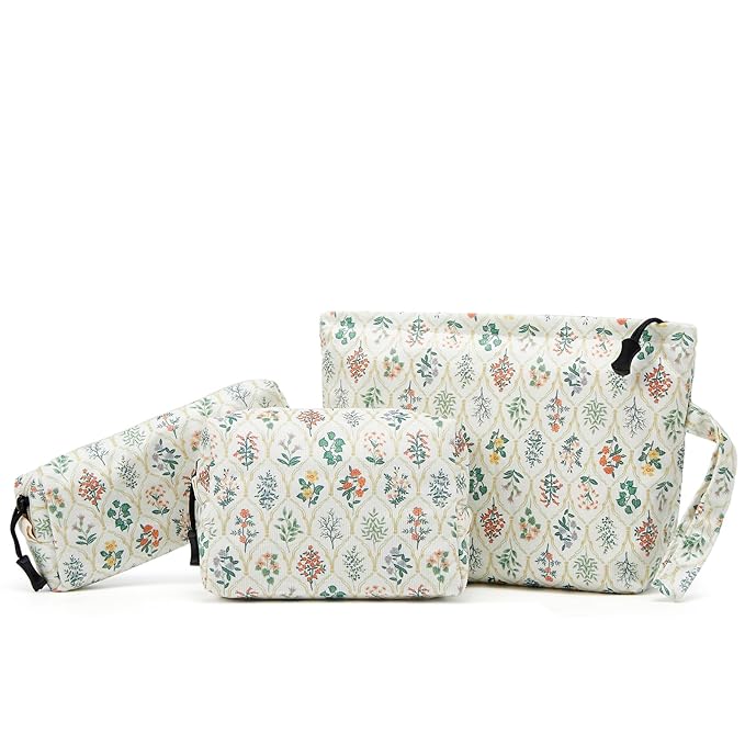Makeup bag set small Cosmetic bag for women purse Corduroy Organizer with interior Pockets Pencil zipper Pouch travel Toiletry Bag with handle(Multi-Plants)
