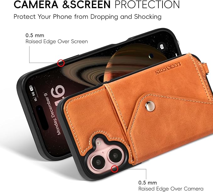 LUCKYCOIN Crossbody Wallet Phone Case for iPhone 16,100% Genuine Leather Wallet Phone Case with Expandable Flip Card Holder,Phone Purse for Women with Adjustable Removable Strap - Tan