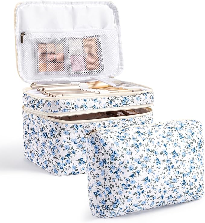 HBselect 2Pcs Travel Makeup Bag, Large Cotton Quilted Makeup Bag Cosmetic Bag Cute Make up Bag Toiletry Bags for Women Girls