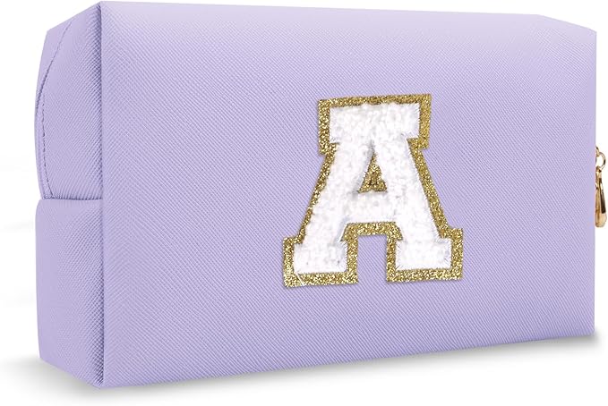 Personalized Initial Preppy Patch Makeup Bag, Small Cute Purple Cosmetic Zipper Pouch Makeup Organizer Travel Toiletry Organizer,Monogram Waterproof PU Chenille Letter Storage Bags for Women(Letter A)