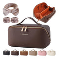 Makeup Bag, Travel Toiletry Bag for Women, Large Capacity Waterproof PU Leather Cosmetic Bags Make Up Organizer Bags with Headband and Wristband Set (Brown, Lychee Pattern)