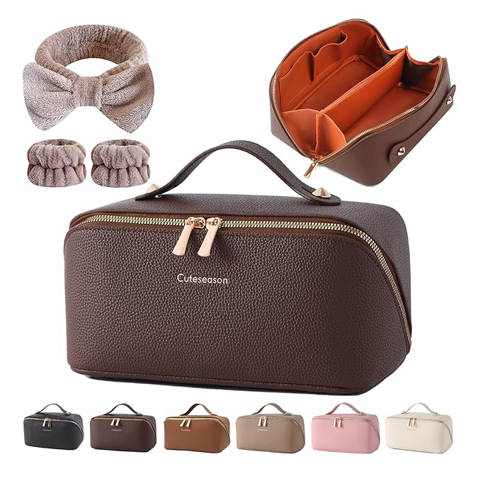 Makeup Bag, Travel Toiletry Bag for Women, Large Capacity Waterproof PU Leather Cosmetic Bags Make Up Organizer Bags with Headband and Wristband Set (Brown, Lychee Pattern)