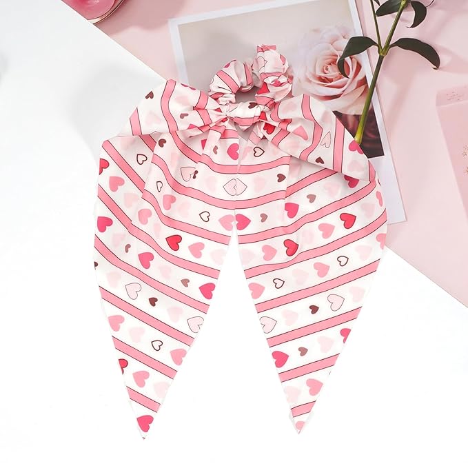 Valentine's Day Hair Ties Pink Heart Stripes Hair Scrunchies for Women Teen Girls Elastic Love Hair Tie Ribbon Valentine's Day Hair Bows Hair Accessories Gifts