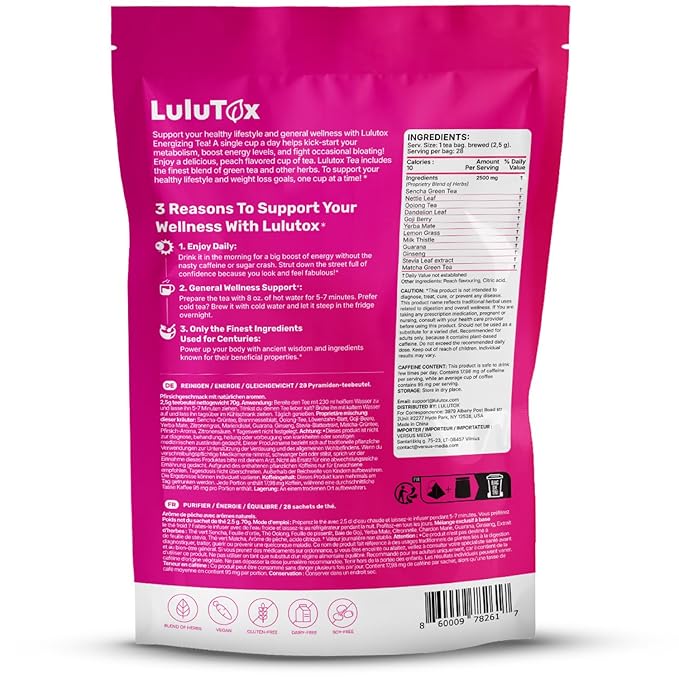 LULUTOX Detox Tea - Slimming Tea with Dandelion and Ginseng to Support Goals for Detox Cleanse, Flat Belly, Bloating, Healthy Weight and Digestive Health - Women & Men - Peach Flavor (28 Servings)