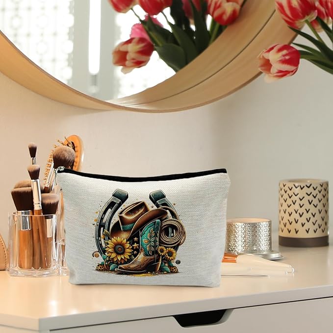 Country Girl Sunflower Makeup Bag - Cowgirl Boots Cosmetic Toiletry Pouch for Women - Western Gift