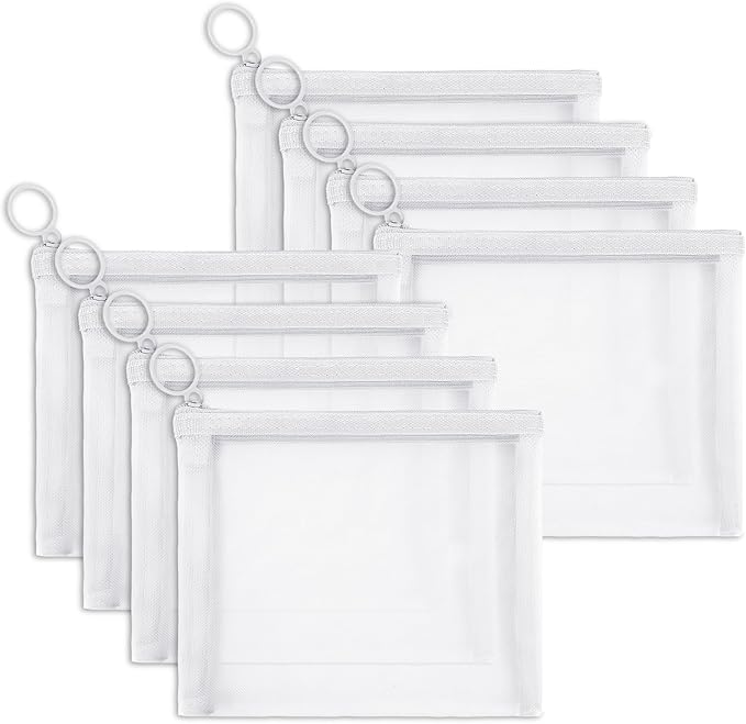 8 Pack Mini Zipper Mesh Makeup Bags, Nylon Cosmetic Bags Toiletry Purse Travel Organizer Bags Inside Bag for Office Travel Organization (White, S)