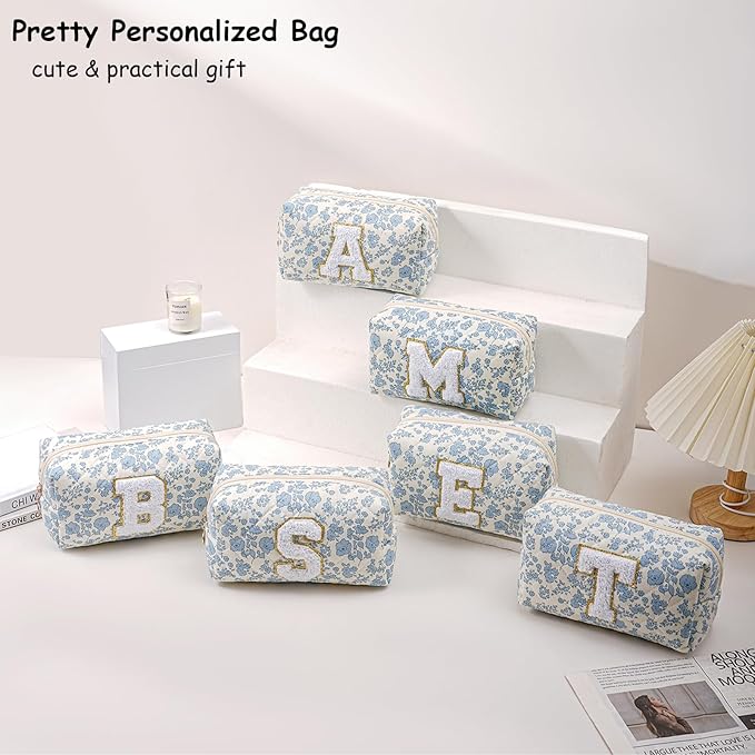 Gleyemor Personalized Initial Makeup Bag for Women, Cute Quilted Blue Floral Cotton Cosmetic Bag, Christmas Gifts for Her Mom Friend Sister Bridesmaid Teacher Women O