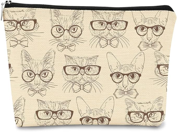 Retro Hipster Cats Makeup Bag,Cute Hand Drawn Kitty Cats Cosmetic Bag Best Gift Idea for Cat Lovers Teen Girls Women,Birthday Christmas Valentine's Day Gifts for Cat Moms Teen Girls Daughter Sister