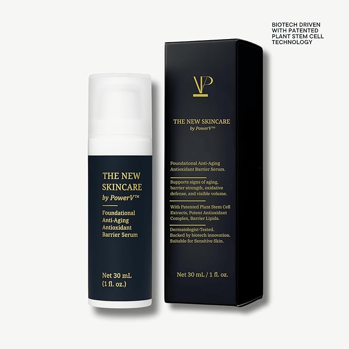The New Skin Care by PowerV | Plant Stem Cells | Astaxanthin + Beta-Glucan Anti-Aging Barrier Serum with Ceramides and Squalane, Fragrance-Free, Hydrating, for Sensitive & All Skin Types 30 ML