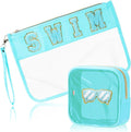 2 Pcs Swim Bag Cosmetic Makeup Bag with Chenille Letter Patch, Clear Pouch PVC Organizer Purse, Waterproof Travel Beach Bag, Portable Toiletry Storage Bag