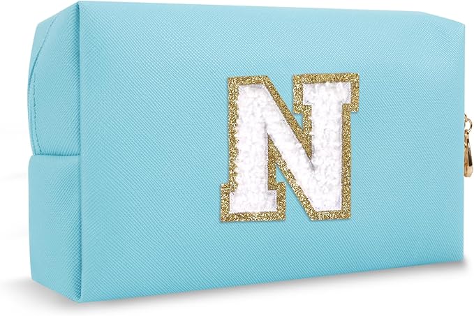 Chenille Letter Personalized Initial Preppy Makeup Bag, Small Cute Blue Cosmetic Zipper Pouch Travel Toiletry Bags, Waterproof PU Monogram Make Up Organizer Gifts for Nurse Nieces Teacher(Letter N)