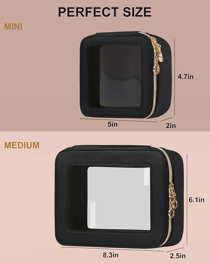 Leather Clear Makeup Bags Set - Travel Clear Cosmetic Bag Case with Zipper, Transparent TSA Approved Toiletry Bags for Travel Essentials Car Accessories for Women (Black, S+M)