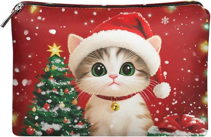 COEQINE Travel Makeup Bags for Women Leather Cute Cat Travel Cosmetic Bag Toiletry bag for Womens Birthday Christmas Gifts Waterproof Pen Pencil Pouch Wallet Clutch Handbag for Holiday