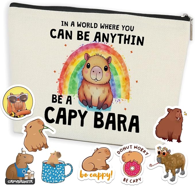 Funny Capybara Makeup Bag Capybara Gifts Cosmetic Bag with 8 PCs Stickers Animal Lover Gifts for Women Girls Daughter Best Friends Niece Capybara Stuff Graduation Birthday Gifts Travel Toiletry Bag