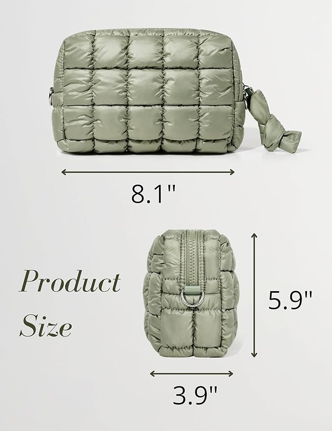 Yarnic Quilted Makeup Bag Cosmetic Bag, Travel Toiletry Bag for Women, Cute Makeup Bag Organizer Puffer Makeup Pouch (M, Sage Green)