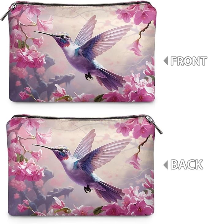 COEQINE Pink Makeup Bag for Women Leather Cosmetic Wallet Pink Hummingbirds Floral Print Cosmetic Purse for Wedding Birthday Party Cute Portable Cell Phone Case