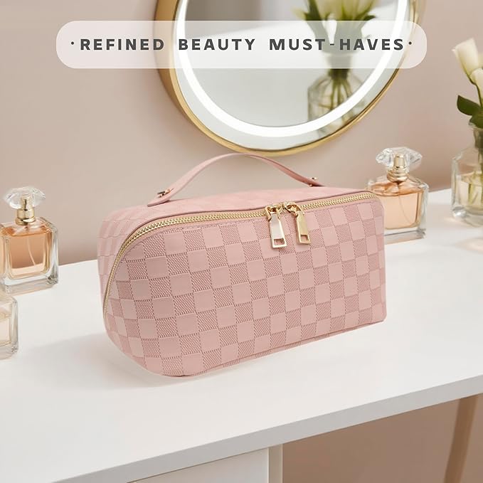 Travel Makeup Bag – Large Cosmetic Organizer with Waterproof PU Leather, Smooth Double Zipper & Tear-Resistant Lining, Toiletry Pouch for Women (Pink)