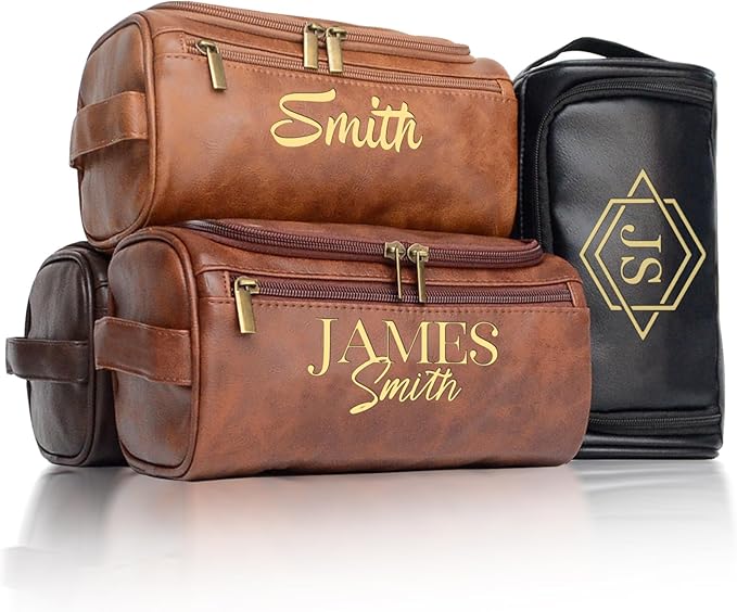 Personalized Toiletry Bag for Men, Engraved Name Initials Toiletry Bag, Customized Monogram Travel Shaving Dopp Kit for Groomsmen, Gift for Christmas, Birthday, Dad, Husband, Grandpa (Dark Coffee)