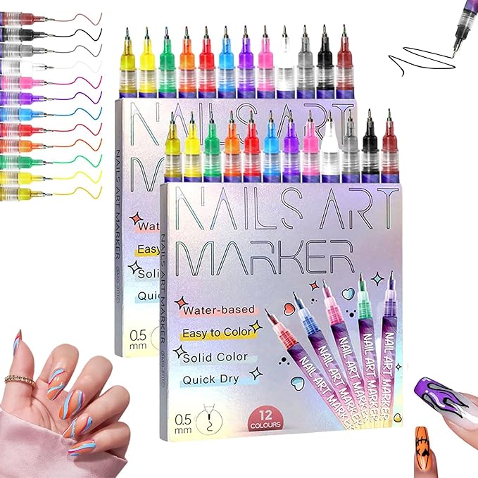 12 Color Nail Art Pens for Painting Nails, 2026 New Nail Art Markers for Gel Nails, DIY Nail Art Marker Drawing Painting Liner Pen for Home Salon Quickly Dry Nail Art (2 Pack)
