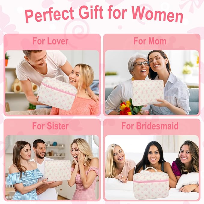 3Pcs Makeup Bag Quilted Cotton Cosmetic Bags for Women Large Small Pink Bow Makeup Pouch Set Cute Coquette Floral Travel Bags Portable Skincare Toiletry Bag Vintage Puffy Essential Organizer