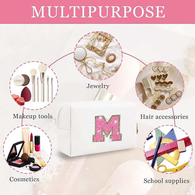 Initial Letter Patch Makeup Bag, Small Preppy A-Z Glitter Letter Cosmetic Bag, PU Leather Waterproof Travel Toiletry Bag, Cute Make Up Pouch Personalized Monogrammed Gift for Women Teen Girls