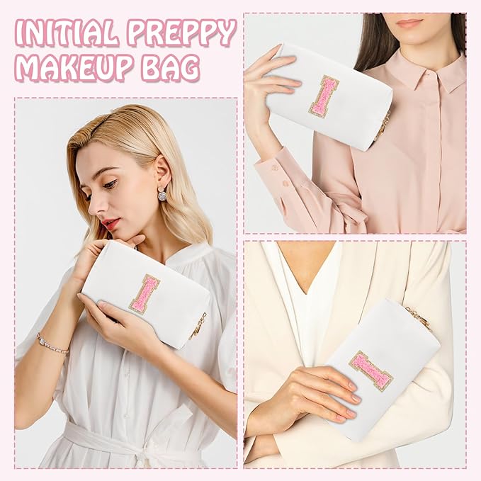 Personalized Small Travel Preppy Makeup Bag, Initial Cute Chenille Letter Cosmetic Organizer Toiletry Pouch, Waterproof Portable PU Monogram Make Up Case Preppy Stuff for Women Friends(Letter I)