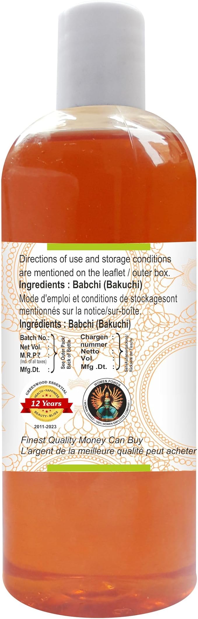 Greenwood Essential Babchi (Bakuchi) Oil (Psoralea corylifolia) | Cold Pressed | Natural | Undiluted | For Diluting Essential Oils | For Skin & Massage | Men & Women | 200ml (6.76 oz)