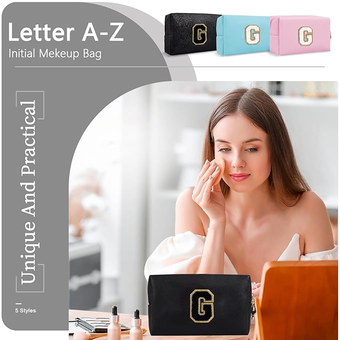 Personalized Initial A-Z Preppy Patch Makeup Bag,Small PU Chenille Letter Cosmetic Bag with Zipper for Teen Girls,Black Cute Toiletry Organizer Bag,Monogram Makeup Case Gift for Women Girls,Letter G